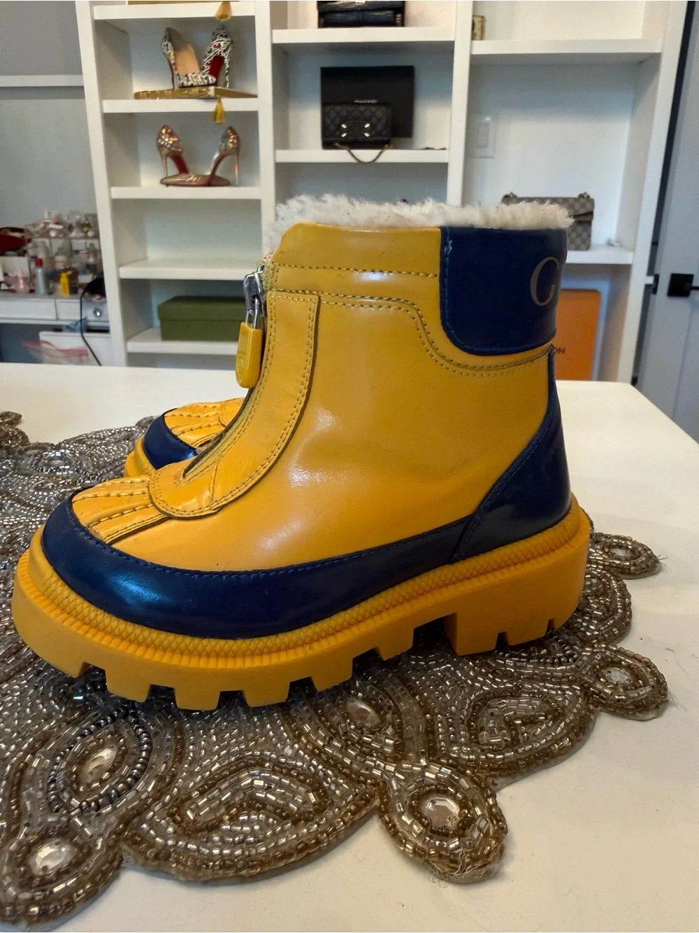 Gucci Unisex Kids Yellow Patent Wool Liner Ankle Rain Boots